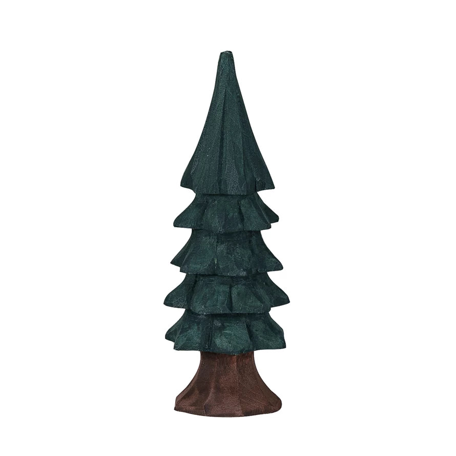 This green and brown carved wood tree is a beautiful and convenient way to decorate for the holidays. It features a carved wood tree with a green and brown color and a spiral shape that creates a rustic and artistic effect, making it look like a handmade tree.