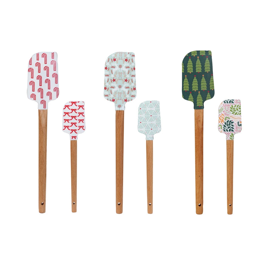 Silicone & Wood Spatulas w/ Holiday Pattern