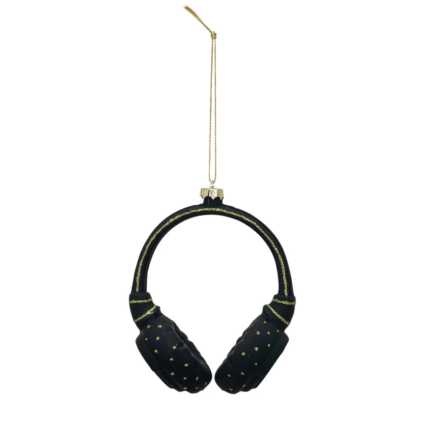 This glass and resin headphones ornament is a nod to audiophiles and the holiday season. Clad in black with touches of green glitter, it's a visual representation of the joy music brings, ready to adorn any tree with a bit of rhythm and sparkle.