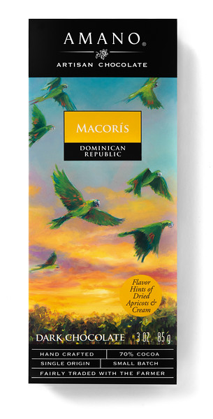 Macoris 70% Dark Chocolate- Cocoa Beans, Cocoa Butter, Pure Cane Sugar, Whole Vanilla Bean. Molasses, brown sugar, cream, caramel, nuts and dried apricots. (Note, these are natural flavors of the cocoa beans we use and the chocolate -- not added flavors.)