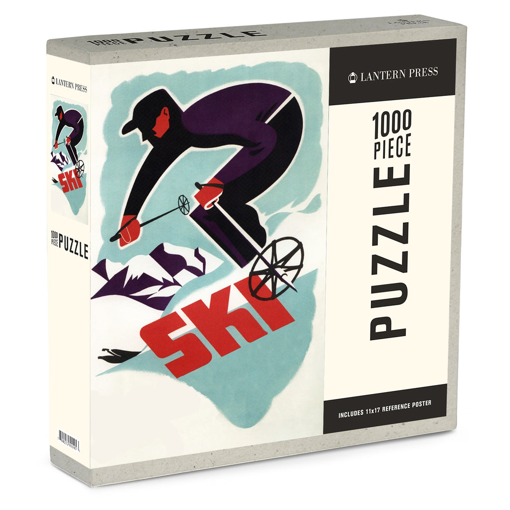 1000 Piece Puzzle Retro Skier     • 1000 piece puzzle  • Glare-free matte finish  • Printed with Eco-friendly inks  • 100% Made in America  • 11 x 17" reference poster included inside  • Puzzle Size - 19 x 28.5 inches  • Puzzle Box Size - 9 x 9 x 2